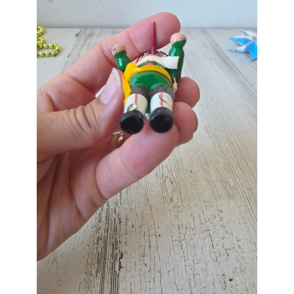 Vintage wooden Pinocchio ornament Xmas tree green red